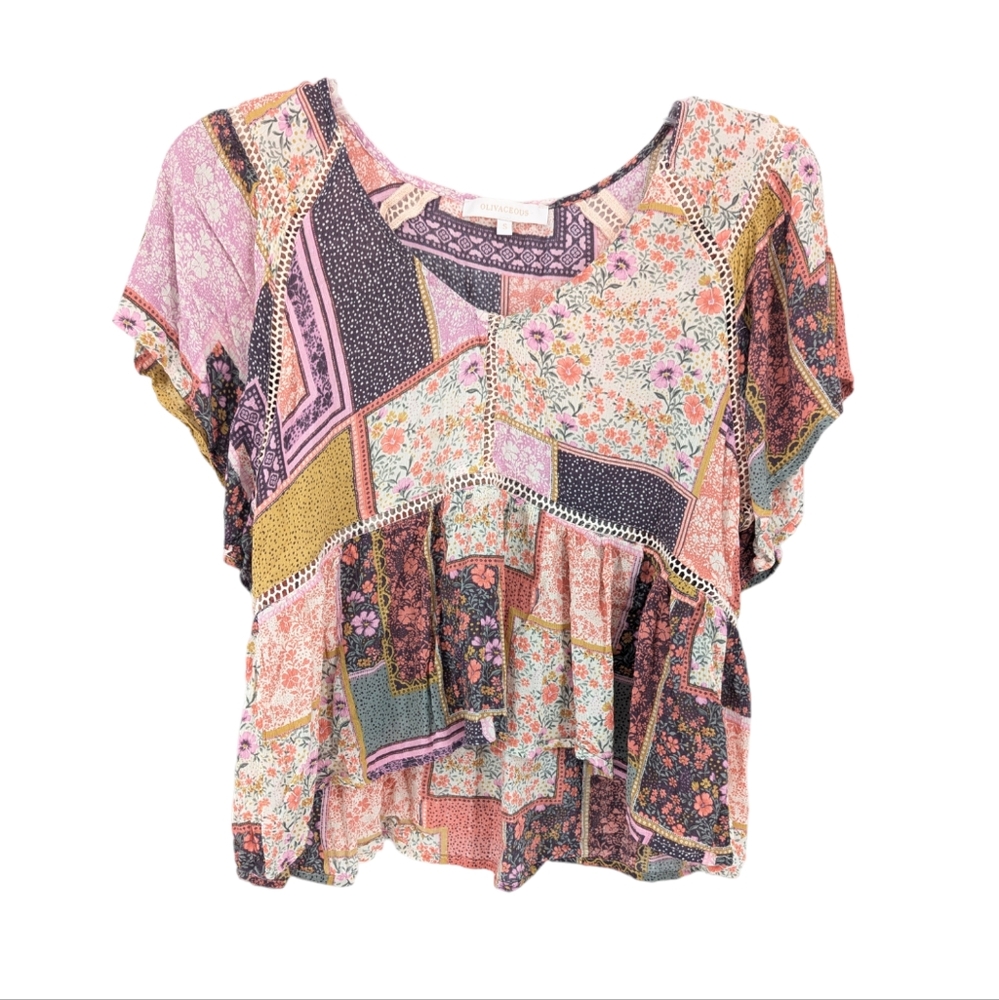 Olivaceous Patchwork Cottagecore Crop V-Neck Flou… - image 1